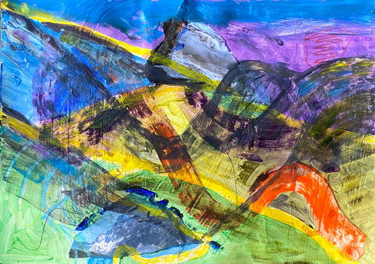 Looking down towards Le Chable & Sembrancher from Les Ruinettes, Verbier, Switzerland - abstract landscape painting